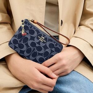 Coach Corner Zip Wristlet In Signature Denim - With Cherry Bag Charm